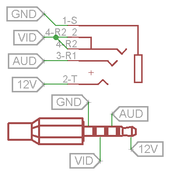 Connections for the video/power input jack on the 1280 MHz VTx.
