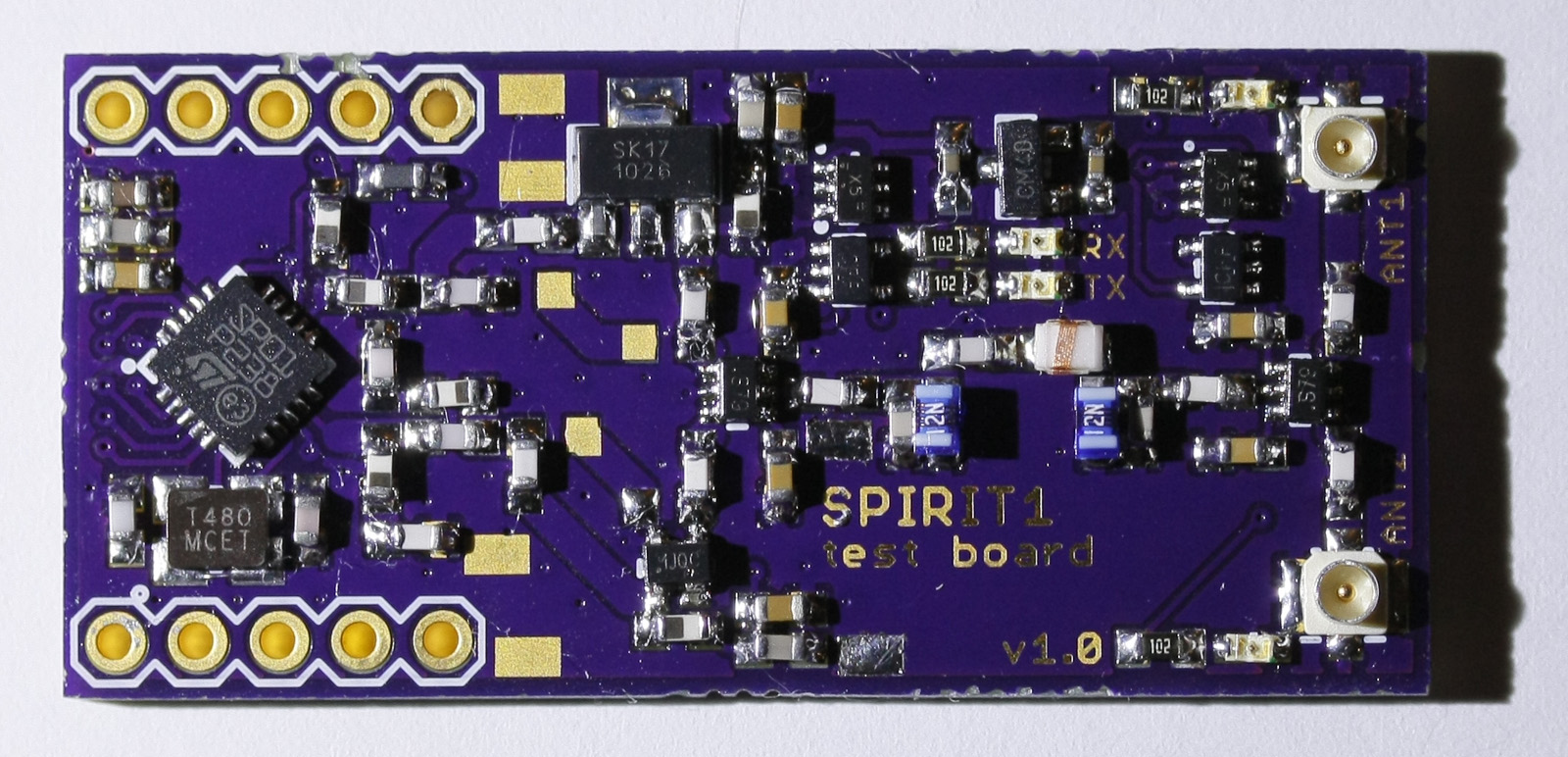 Top view of the SPIRIT1 test board