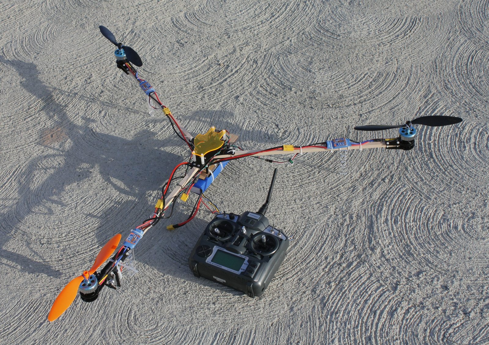 Rear-right view of the tricopter and Turnigy 9X transmitter